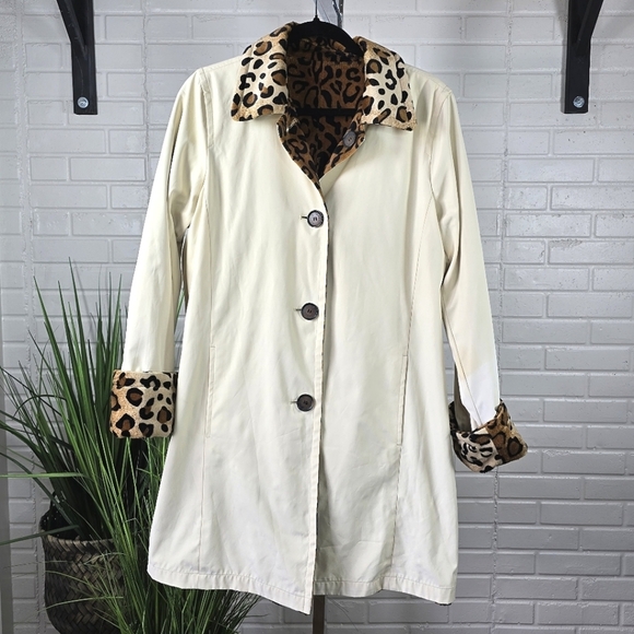 Dennis By Dennis Basso Reversible Leopard Trim Cream Long Rain Coat Size Small - Picture 1 of 10